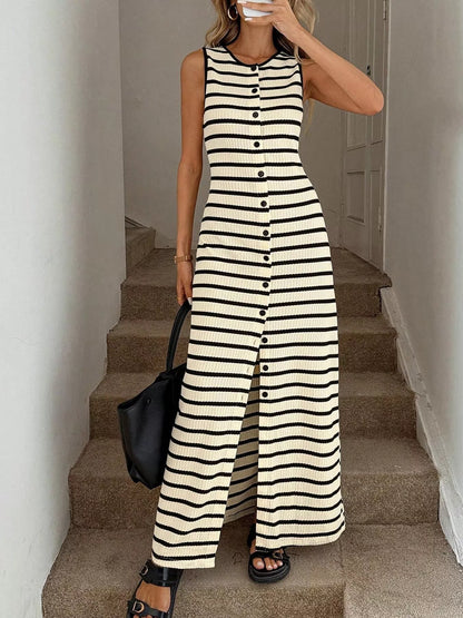 Striped Button-Front Sleeveless Slit Maxi Dress New Era Fashion LLc