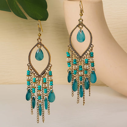 Hollow Teardrop Natural Stone Chain Design Dangle Earrings Alloy Jewelry Exquisite Female Gift Tourism Souvenir NovaCart
