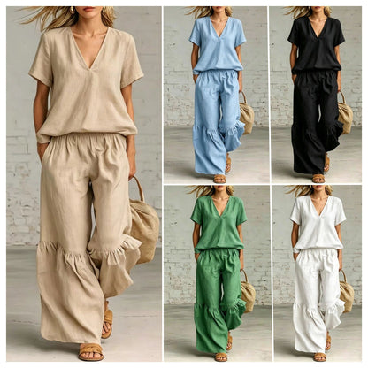 V-Neck Loose Short-Sleeve Top & Pants Set – 7 Colors, S–5XL FitiqueFit