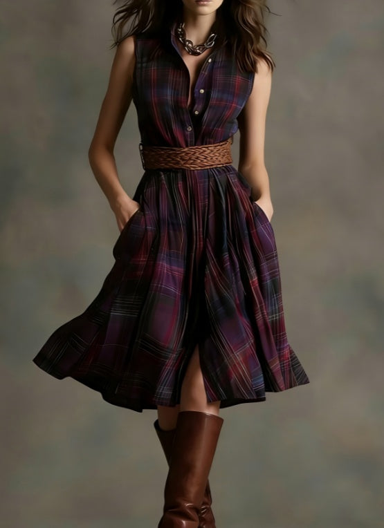 Women's Plaid Collared Sleeveless Fitted Waist Dress FitiqueFit