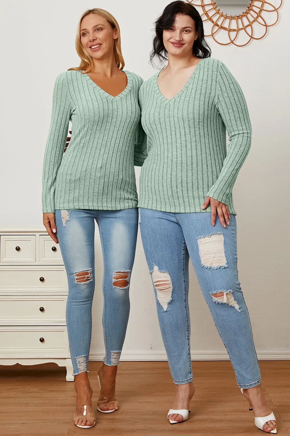 Basic Bae Full Size Ribbed V-Neck Long Sleeve T-Shirt New Era Fashion LLc