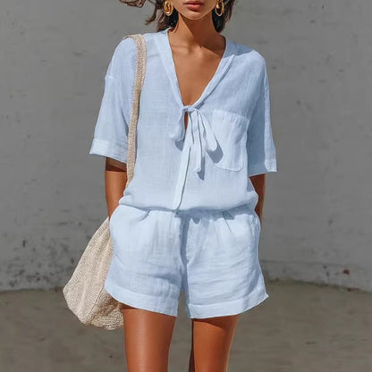 Women's Lace-Up Short-Sleeve Shirt & Loose Shorts Set – Casual Summer Co-Ord FitiqueFit
