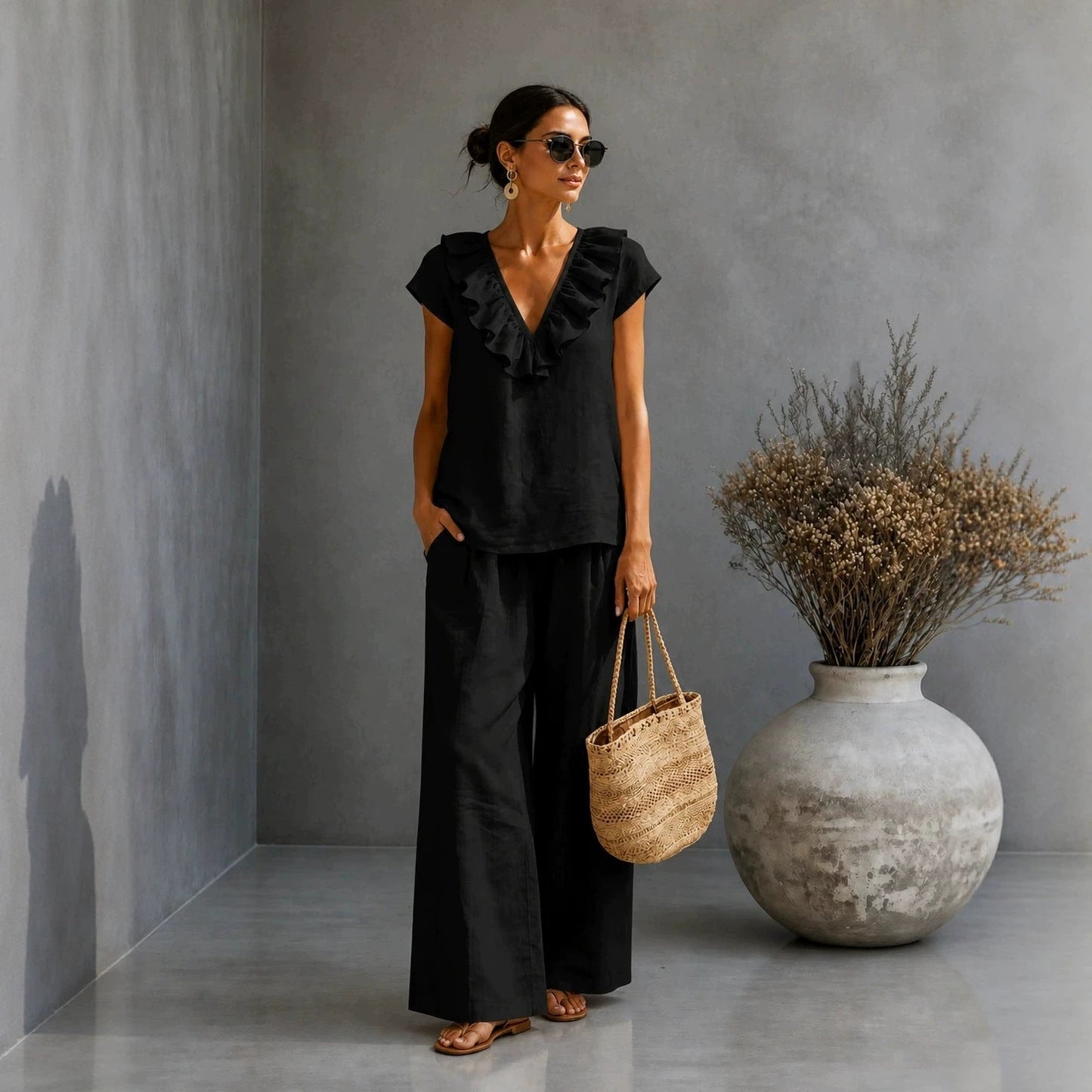 Women's V-Neck Ruffled Hem Top & Wide-Leg Pants Two-Piece Set FitiqueFit
