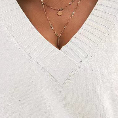 Women’s V-Neck Drop Shoulder Sweater | Casual Long Sleeve Pullover FitiqueFit