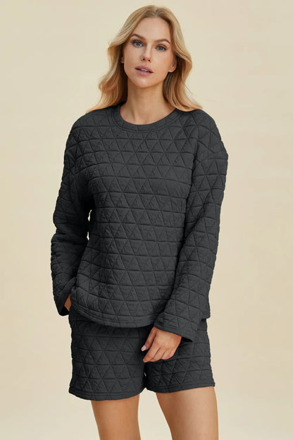 Double Take Full Size Texture Round Neck Long Sleeve Top and Shorts Set West2East Surf