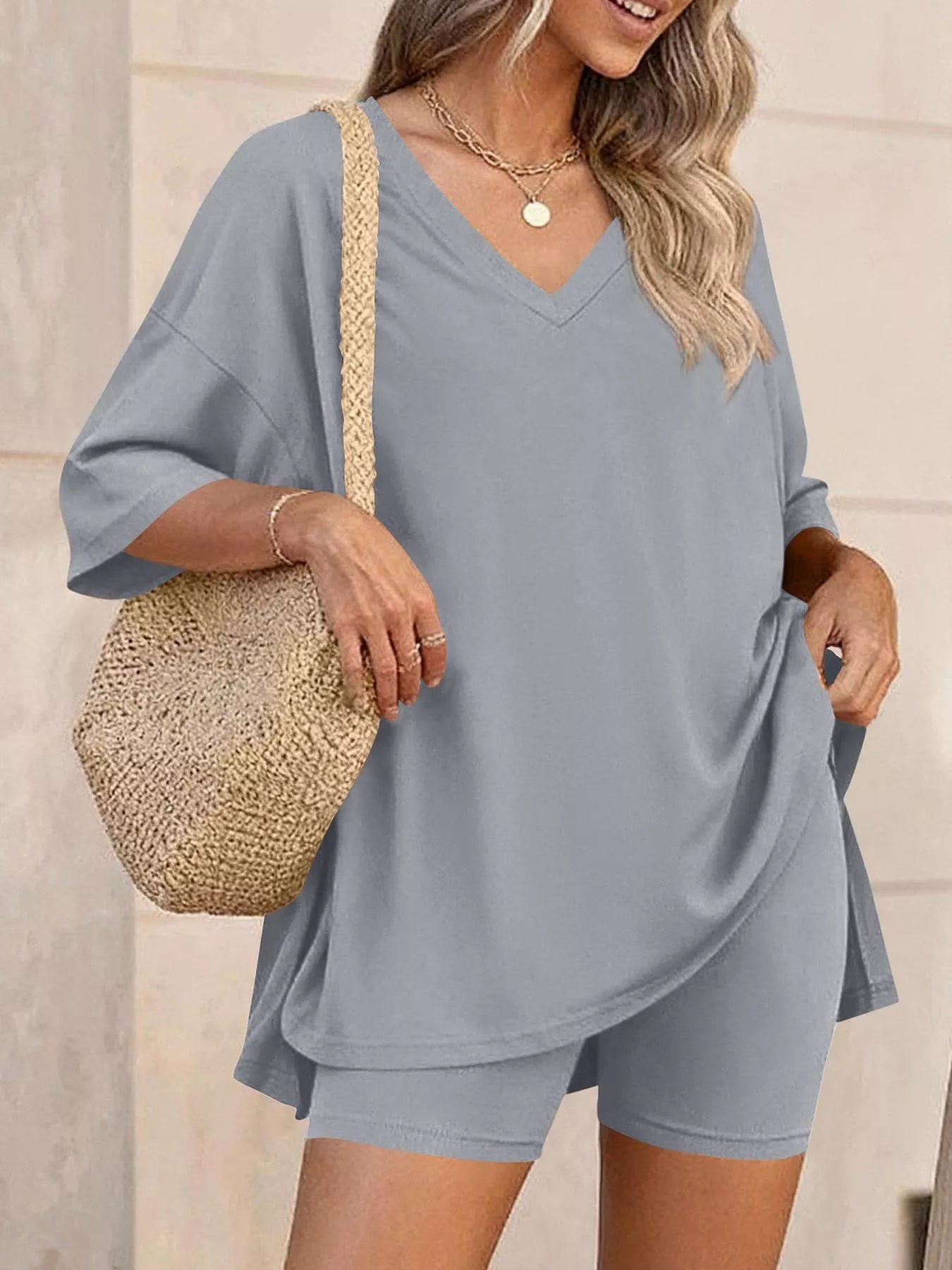Full Size Casual Loose V-Neck T-Shirt & Shorts Set Plus Size New Era Fashion LLc