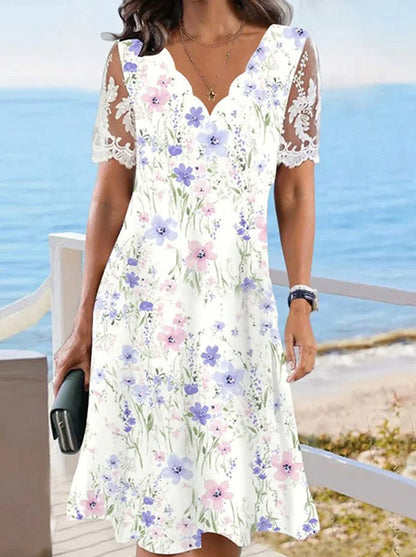 Women's Floral Lace Flounce Neckline High-Waist A-Line Midi Dress FitiqueFit