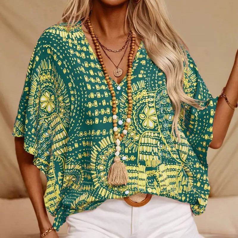 Mandala Print V-Neck Blouse – Casual Vacation Top FitiqueFit