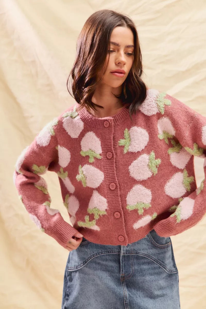 SO ME Strawberry Fruit All Over Button Sweater Cardigan FitiqueFit