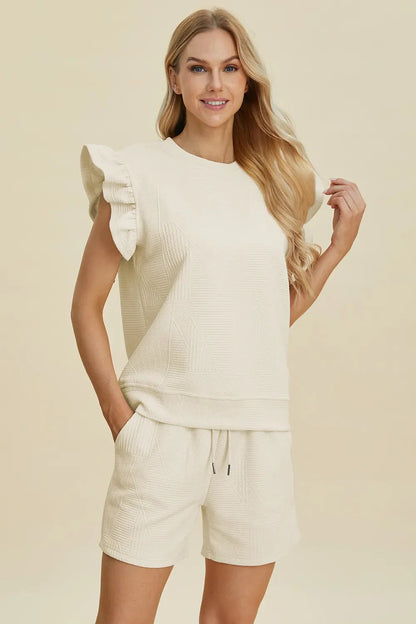 Double Take Full Size Texture Round Neck Ruffle Sleeve Top and Shorts Set West2East Surf