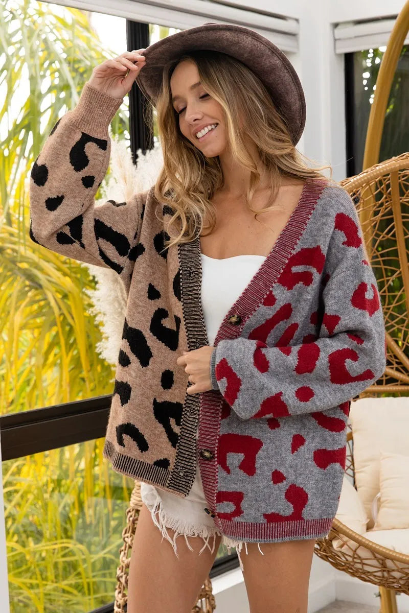 BiBi Leopard Color Block Button Down Sweater Cardigan West2East Surf