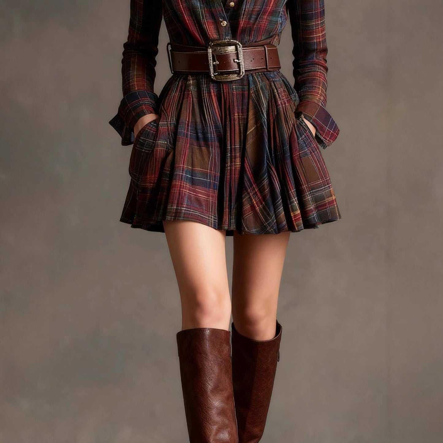 Women's Elegant Plaid Long Sleeve Mini Dress | Belted FitiqueFit