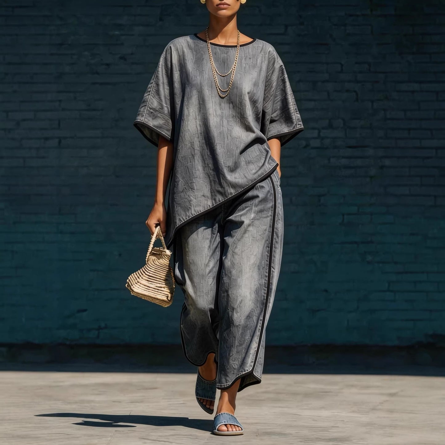 Women's Denim-Style Knit Top & Wide-Leg Pants Set – Casual 2-Piece FitiqueFit