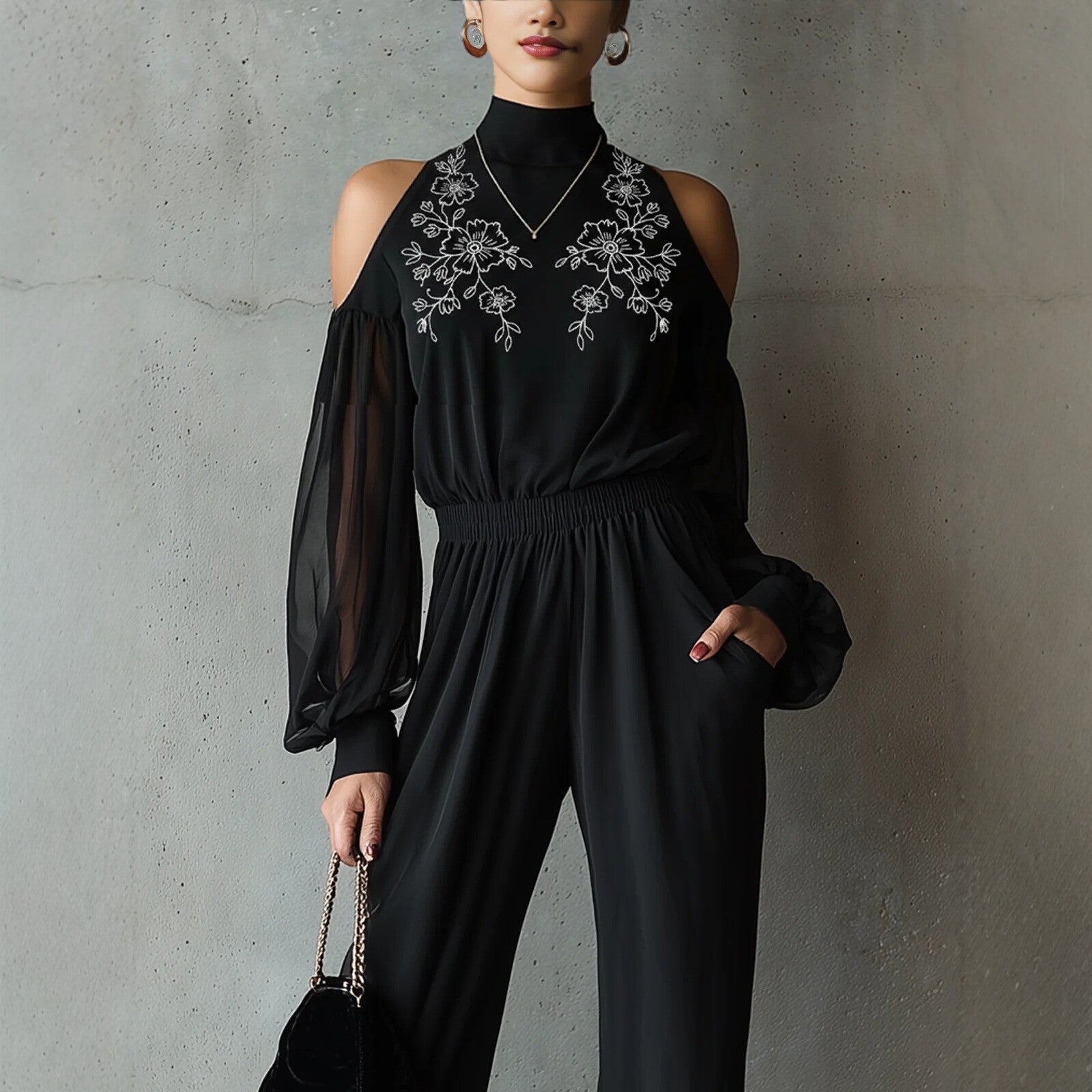 Black Embroidered Women’s Long-Sleeve Wide-Leg Jumpsuit FitiqueFit