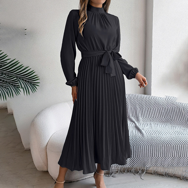 Elegant High Neck Long Sleeve Pleated Maxi Dress - Solid Color Flowy Dress For Women, Casual To Formal Wear Grayceful LLC