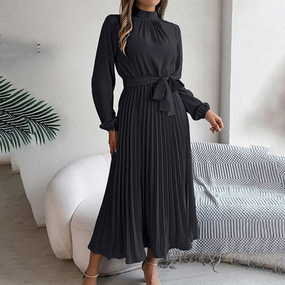 Elegant High Neck Long Sleeve Pleated Maxi Dress - Solid Color Flowy Dress For Women, Casual To Formal Wear Grayceful LLC