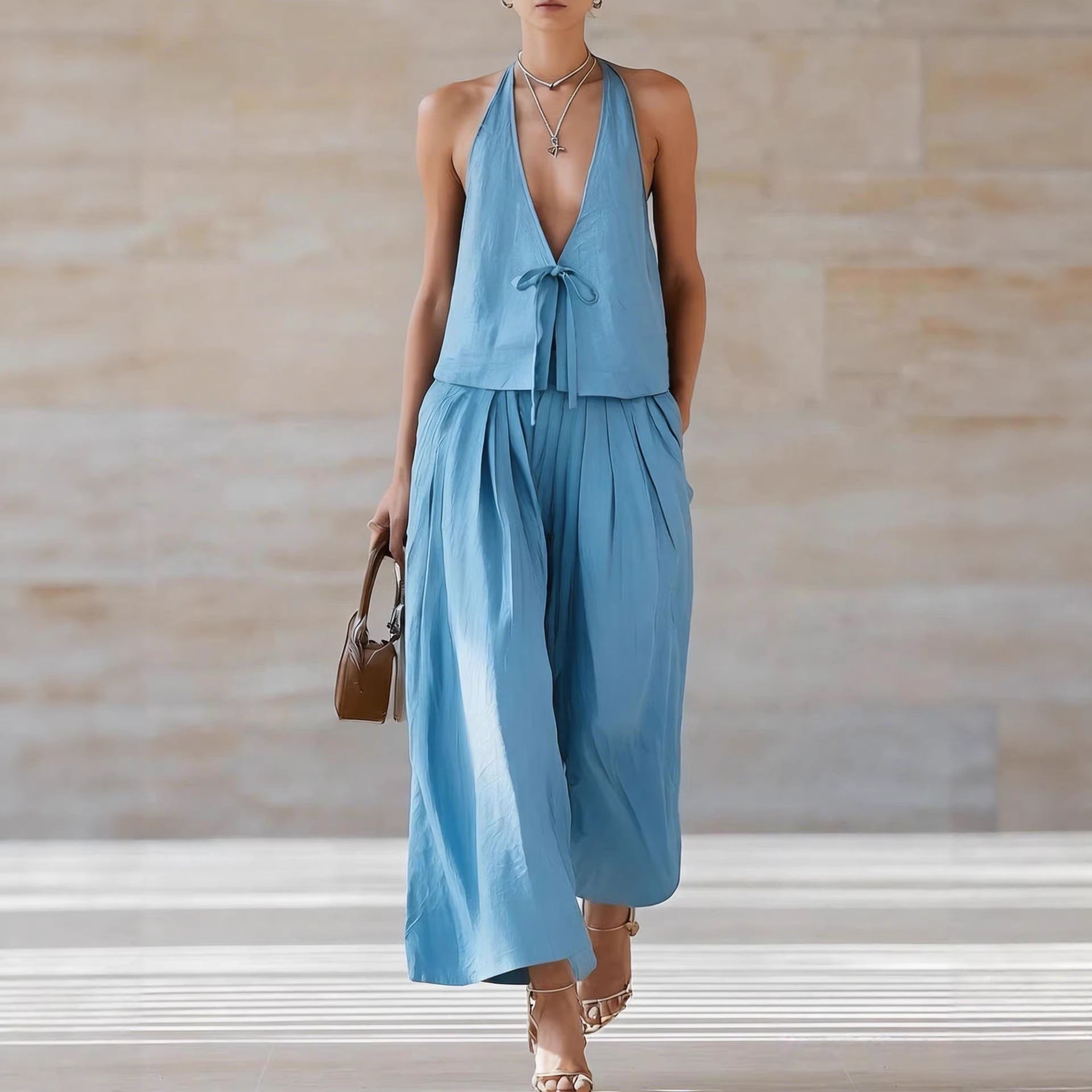 Women's Sleeveless Vest & Wide-Leg Pants Set – 2-Piece Lace-Up Outfit FitiqueFit