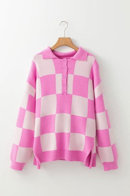 Checker Half Buttoned Collar Drop Shoulder Sweater Shop Style & More | Fresh Looks, Everyday Deals & Free Shipping