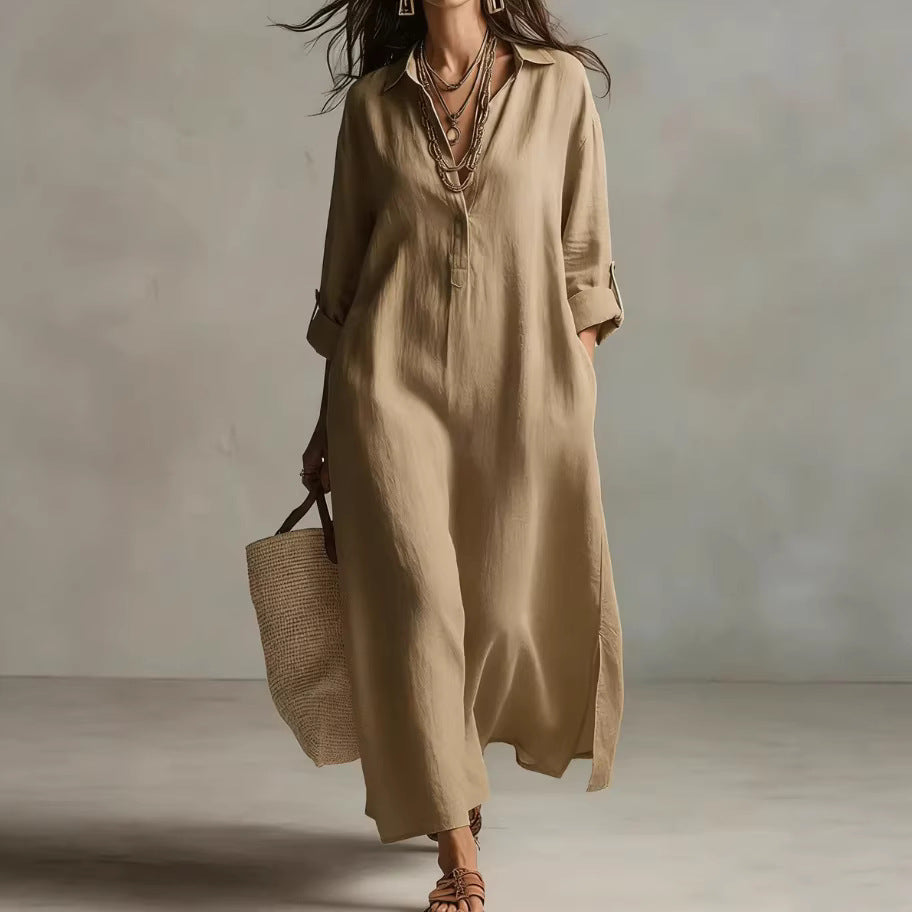 Women's Casual Long-Sleeve Linen Shirt Dress – Relaxed Fit FitiqueFit