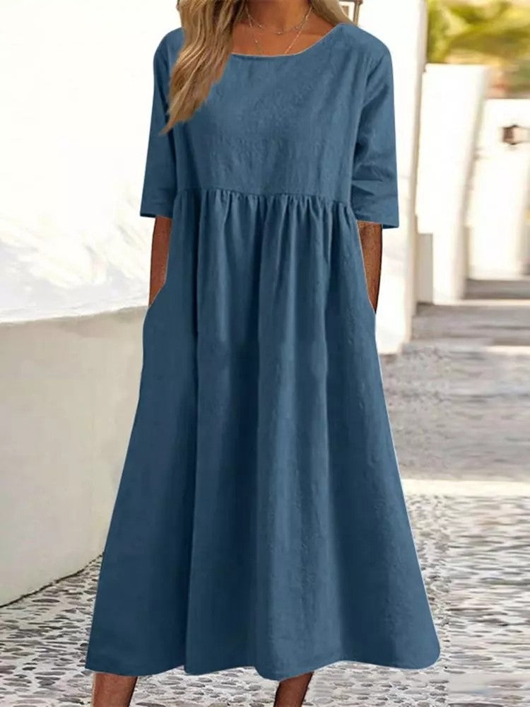 Plus Size Cotton Linen Midi Dress | Round Neck Pocket Dress FitiqueFit
