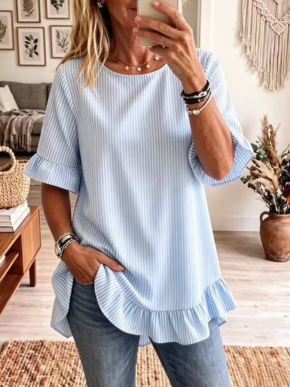 Women's Striped Ruffle-Sleeve Loose-Fit Blouse – Three-Quarter Sleeve FitiqueFit