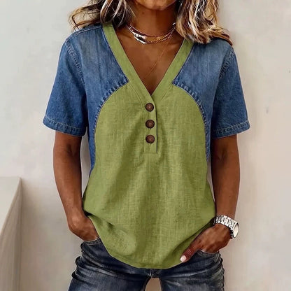 Women's Loose Denim Patchwork Color-Block T-Shirt FitiqueFit