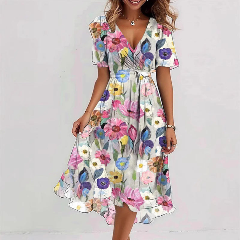 Floral Print A-Line Dress – V-Neck Short Sleeve Midi Dress FitiqueFit