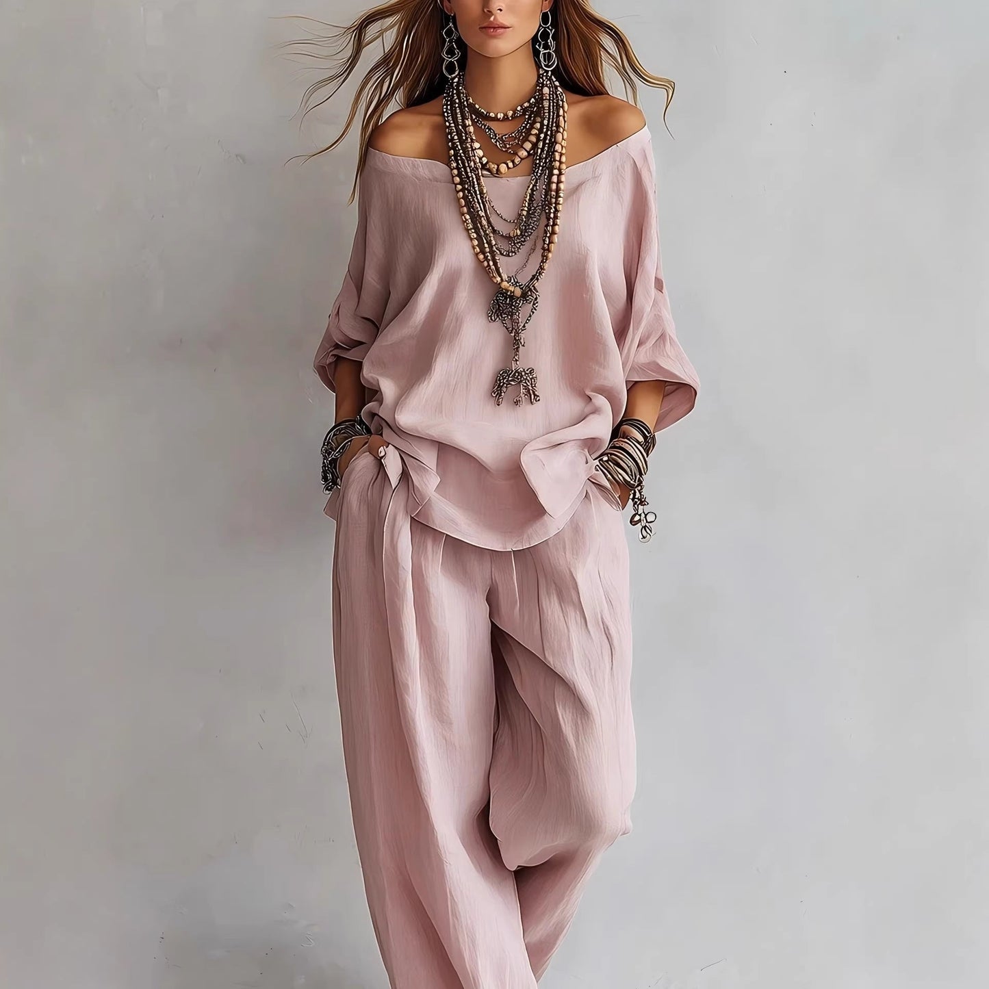 Chiffon Puff-Sleeve Top & Wide-Leg Pants Set – 15 Colors FitiqueFit