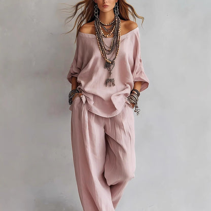 Chiffon Puff-Sleeve Top & Wide-Leg Pants Set – 15 Colors FitiqueFit