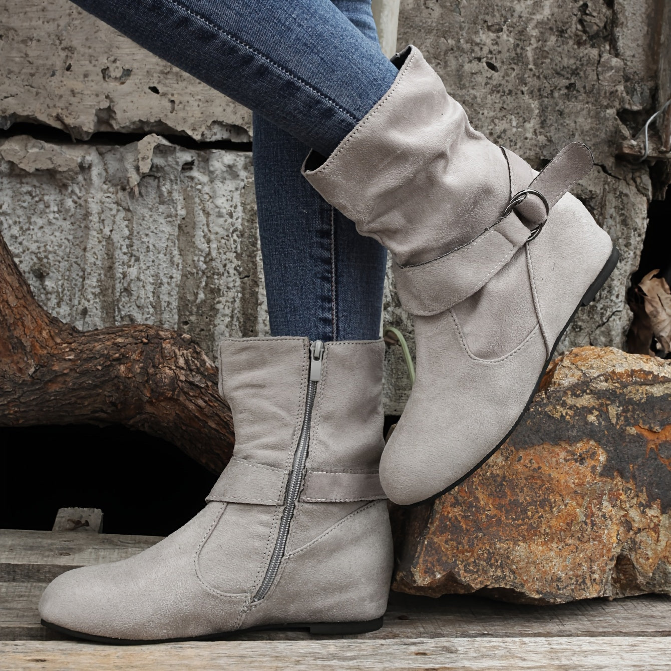 1.18inch Inner Height Increase Women's Short Boots with Flat Sole, Buckle Closure, Comfortable, Warm, and Lightweight, Women Shoes NovaCart