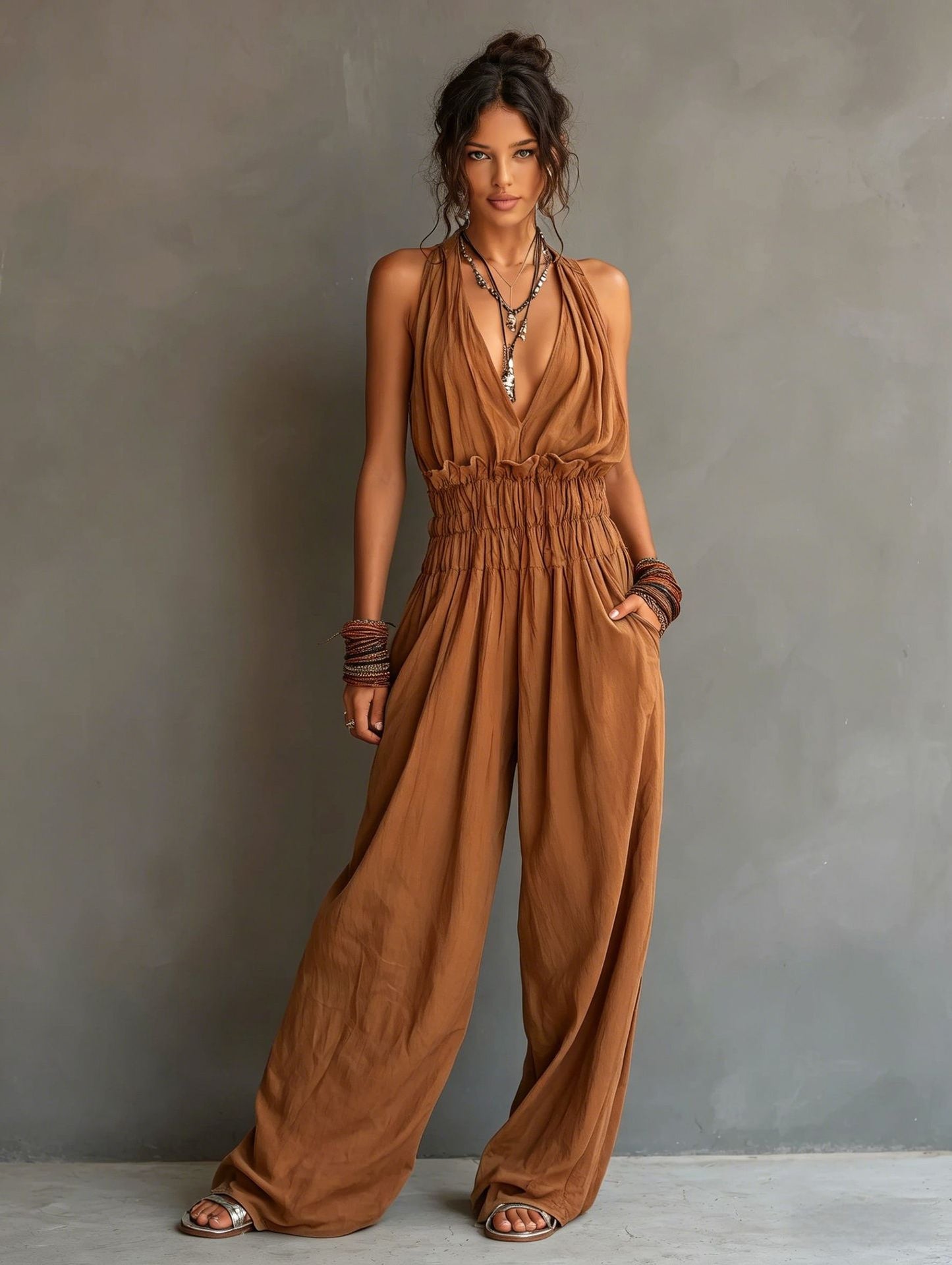 Women's V-Neck Halter Jumpsuit – Sleeveless Open Back Waist-Cinching FitiqueFit