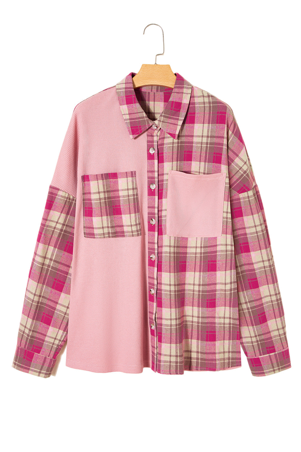 Pink Waffle Patch Pocket Plaid Patchwork Plus Size Shirt Garden Naked Curves
