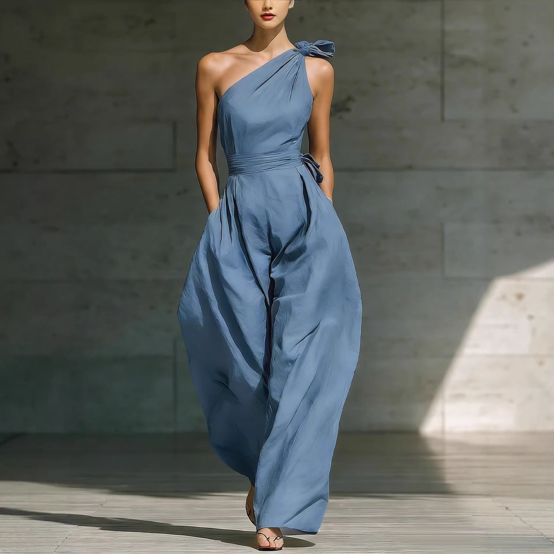 Women's Loose Sleeveless Off-Shoulder Belted Wide-Leg Jumpsuit FitiqueFit