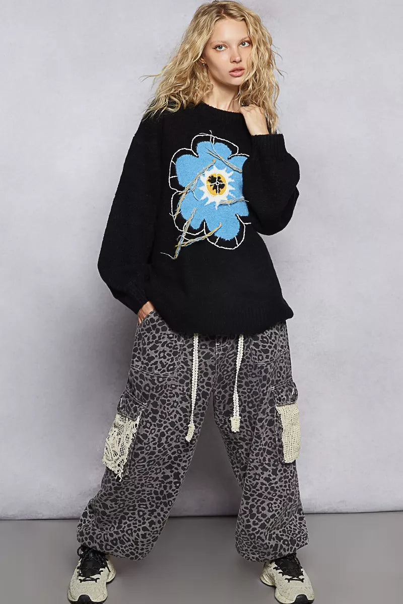 POL Floral Pattern Round Neck Sweater with Exposed Stitching FitiqueFit