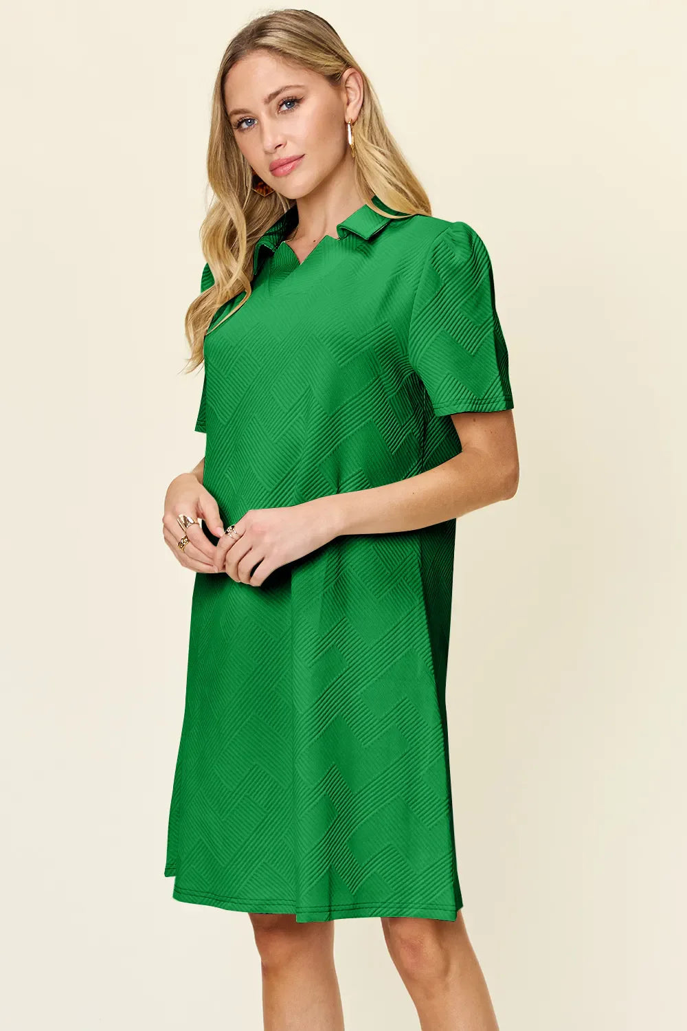 Double Take Full Size Texture Collared Neck Short Sleeve Dress West2East Surf