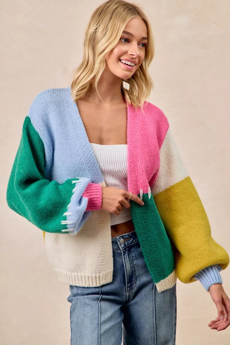 BiBi Color Block Open Front Sweater Cardigan FitiqueFit