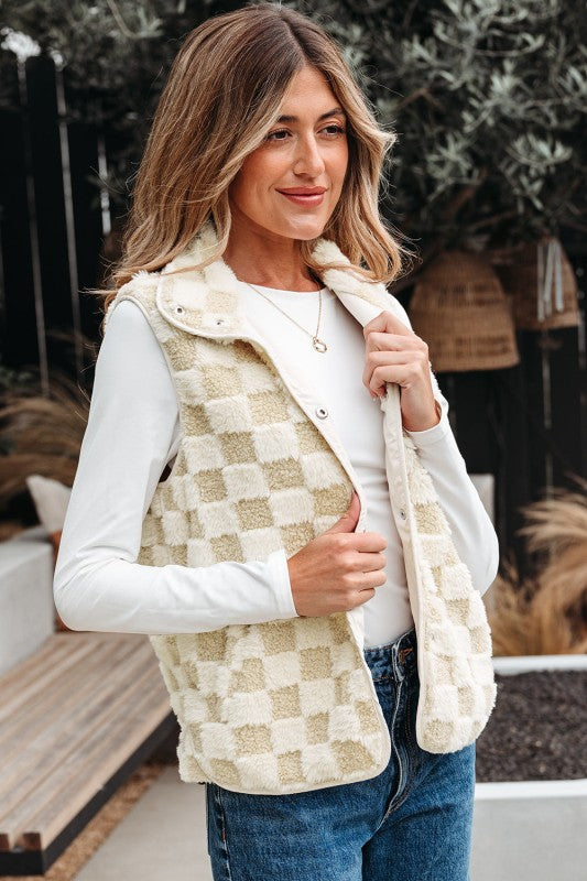 Checker Sherpa Snap Button Vest Jacket With Pocket See size chart under “more details” The Fashion Celestial