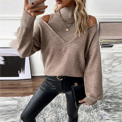 Women’s Elegant Off-Shoulder Turtleneck Sweater — Long Sleeve Knit Top FitiqueFit