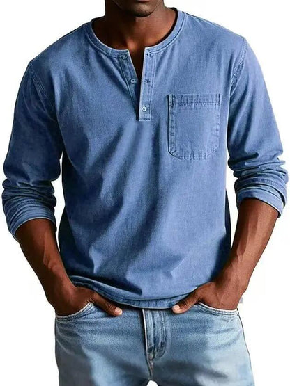 Men's V-neck Long-sleeved Pullover Top with Button Design SnagBag