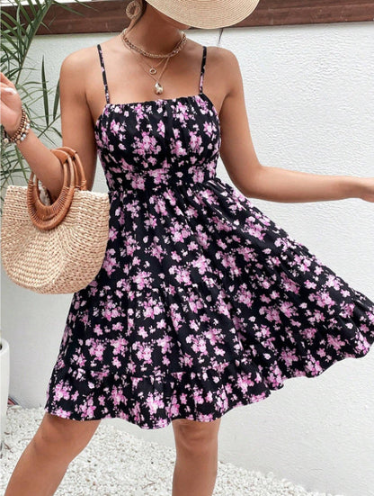 Floral Print Smocked Mini Dress Spaghetti Strap Slim Fit Flowy Dresses FitiqueFit