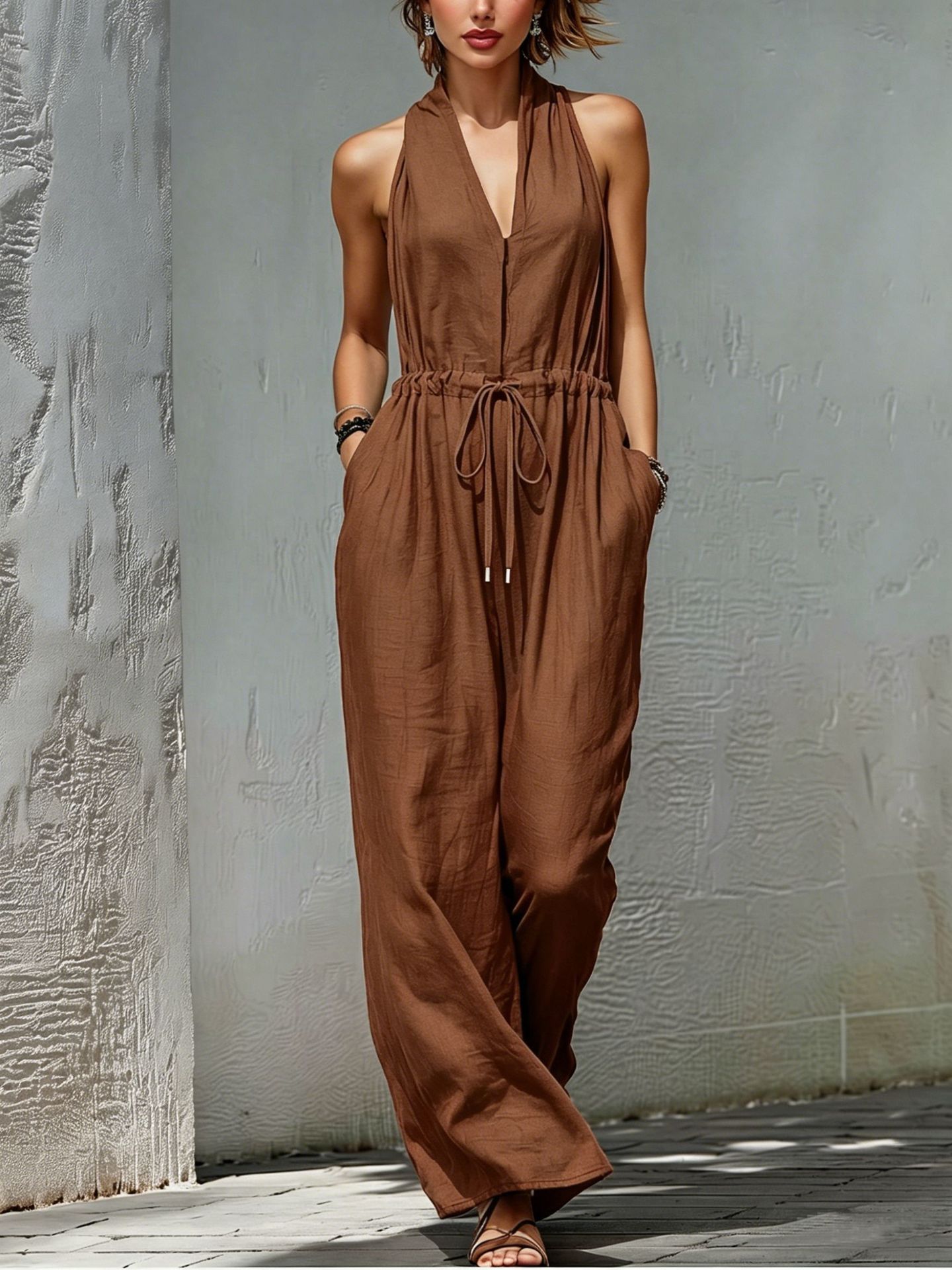 Women's Sleeveless Halter Neck Solid Color Long Jumpsuit FitiqueFit