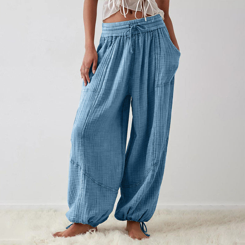 Women’s Solid Color Wide Leg Pants – Elastic Drawstring Waist and Side Pockets FitiqueFit