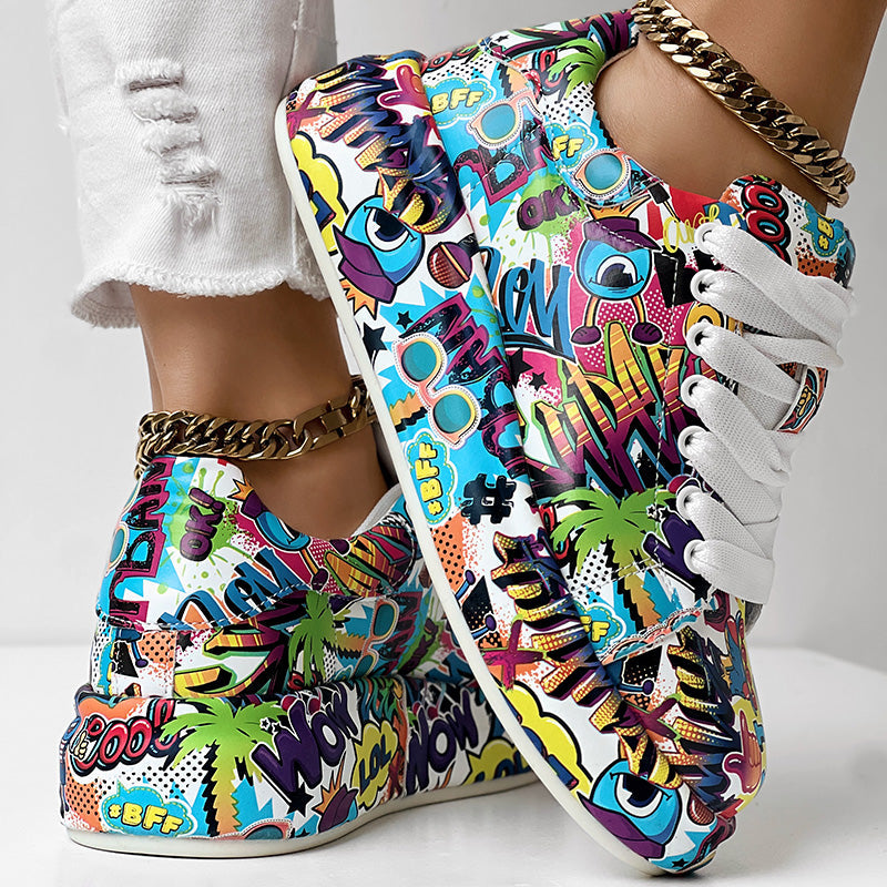 Women's Casual Round Toe Thick Sole Lace-Up Sneakers, Random Print Design, Comfortable Sporty Shoes For Daily Wear See size chart under “more details” The Fashion Celestial