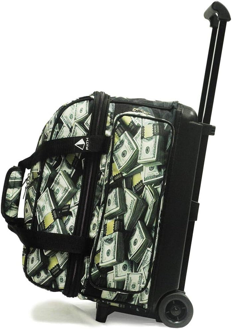 Deluxe Double Roller 2 Ball Bowling Bag with Large Separate Shoe Compartment (Up to 2 Pairs of Shoes) and Accessory Pockets, Sturdy Square Handle - Extends to 40" - Pro Options Available
