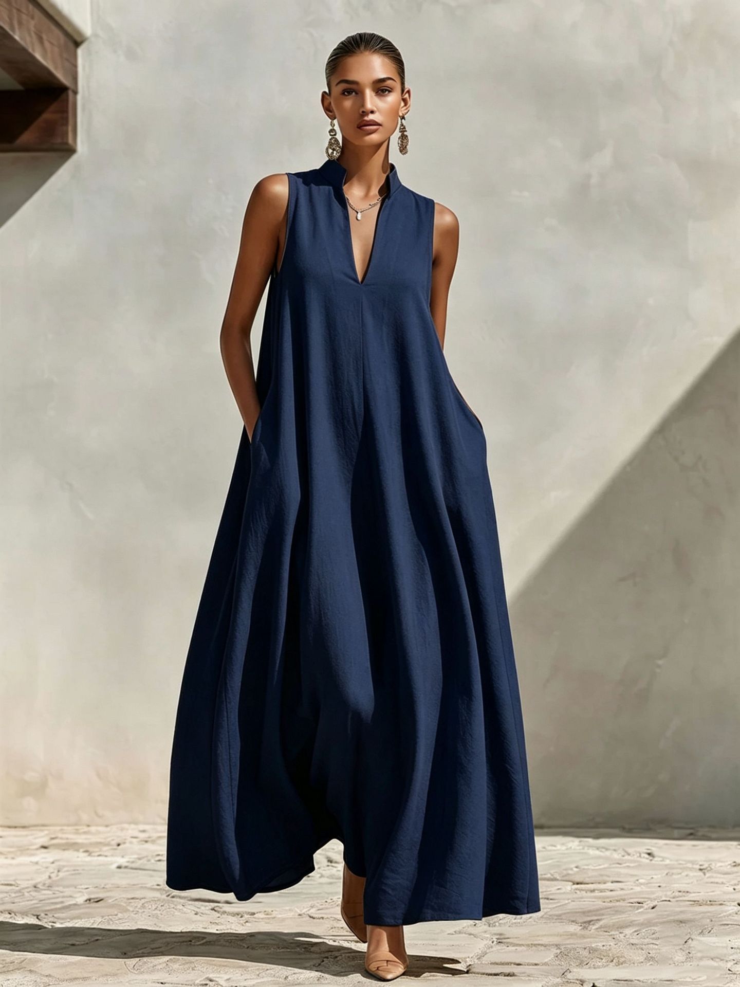 Linen Blend Sleeveless Stand-Collar Maxi Dress – 5 Colors S–3XL FitiqueFit
