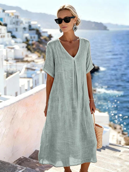 Patchwork Asymmetrical Maxi Dress – Relaxed V-Neck Style FitiqueFit
