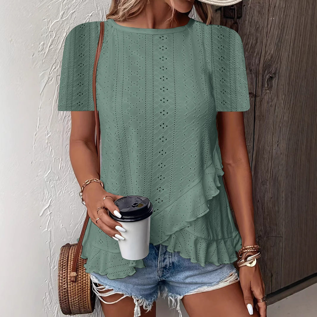 Women’s Casual Solid Color Short Sleeve Crew Neck Top FitiqueFit