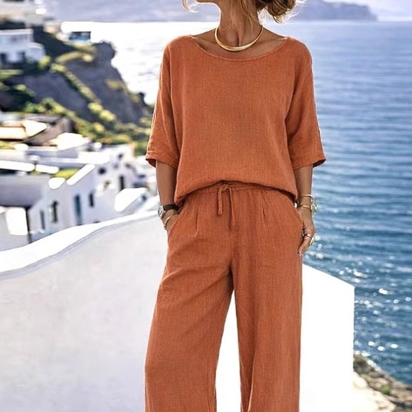 Women's Cotton Linen Resort Set – Short Sleeve Top & Wide-Leg Pants FitiqueFit