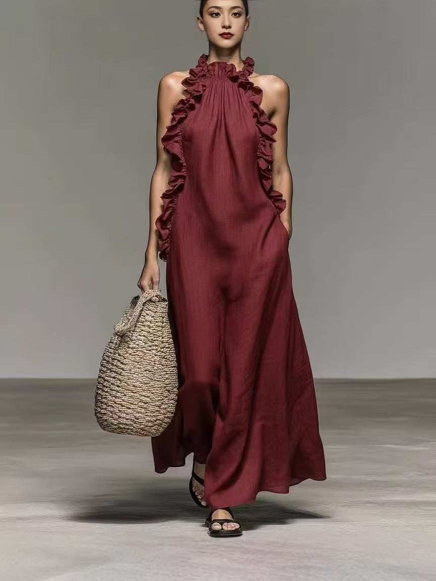 Halter Neck Ruffled Sleeveless Dress – Loose Fit Flowy Dress With Pockets FitiqueFit