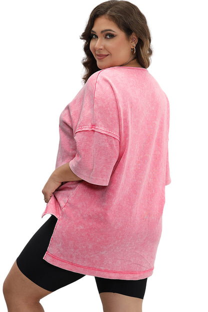 Light Grey Mineral Wash Drop Sleeve Patchwork Plus Size Tee Garden Naked Curves